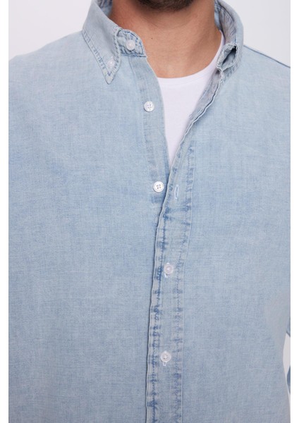 Erkek Relax Fit Rahat Kesim %100 Pamuk Denim Mavi Düğmeli Yaka Gömlek fırsatları
