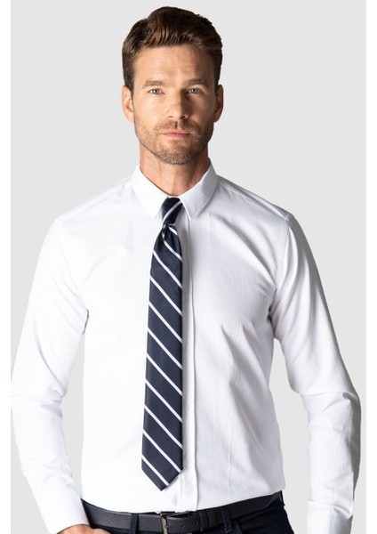 Modern Slim Fit Uzun Kollu Armürlü Erkek Beyaz Gömlek