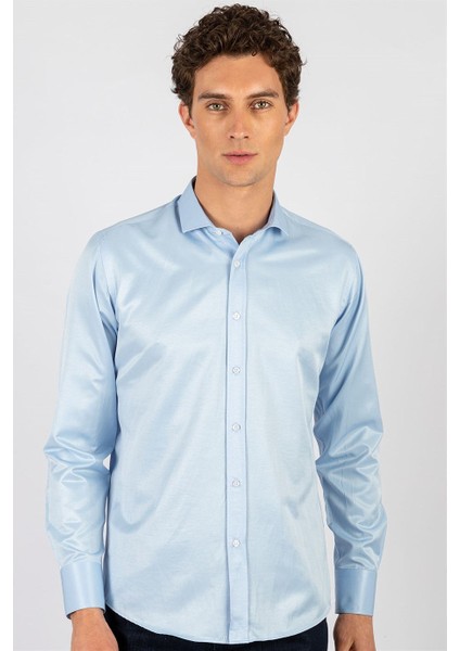 Modern Slim Fit Uzun Kollu Düz Saten Pamuklu Erkek Mavi Gömlek
