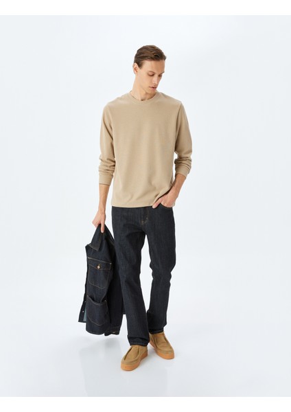 Pamuk Karışımlı Dokulu Basic Bisiklet Yaka Sweatshirt