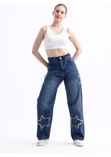 2424 Kadın Yıldız Detaylı Baggy Jeans Kot Denim Pantolon fırsatları