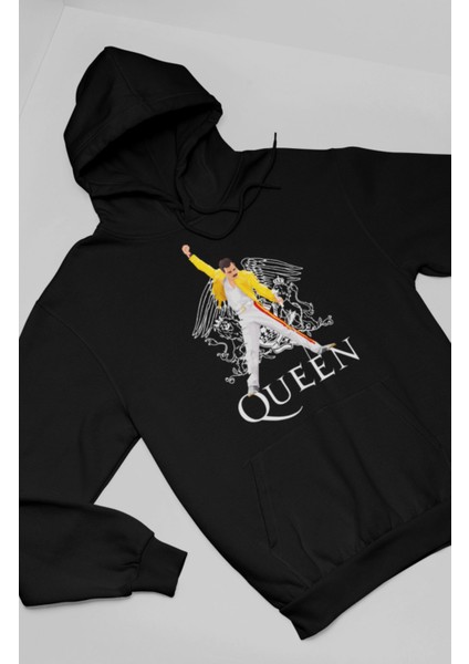 Unisex Queen Solist Baskılı Kapüşonlu Sweatshirt, Oversize Rocker Freddie Mercury Baskılı Hoodie