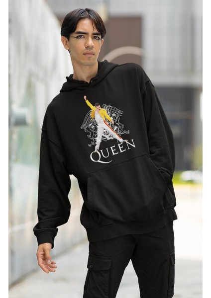 Unisex Queen Solist Baskılı Kapüşonlu Sweatshirt, Oversize Rocker Freddie Mercury Baskılı Hoodie fiyatları
