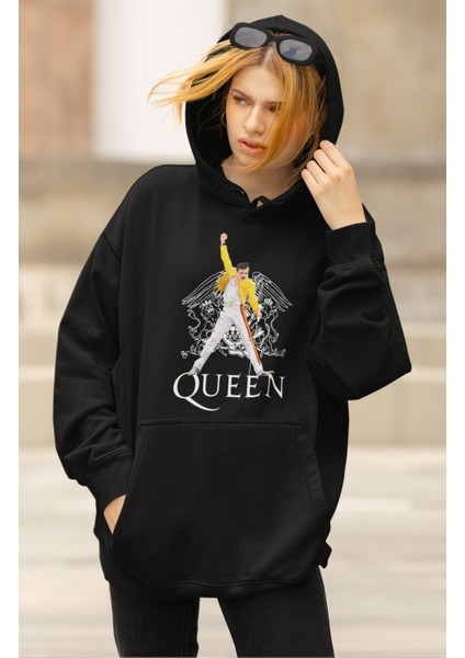 Unisex Queen Solist Baskılı Kapüşonlu Sweatshirt, Oversize Rocker Freddie Mercury Baskılı Hoodie modelleri