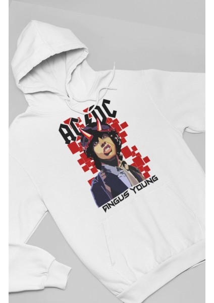 Unisex Ac-Dc Angus Young Yazılı Kapüşonlu Sweatshirt, Oversize Rock Band Baskılı Hoodie