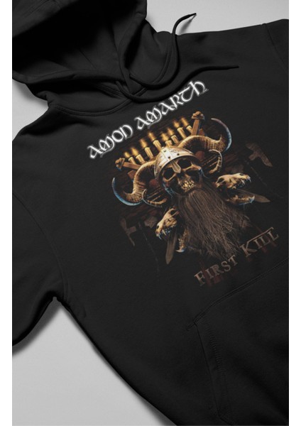 Unisex Amon Amarth First Kill Yazılı Kapüşonlu Sweatshirt, Oversize Rock Band Baskılı Hoodie