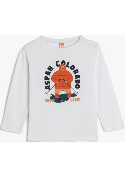 Uzun Kollu T-Shirt Baskı Detaylı Bisiklet Yaka Pamuklu