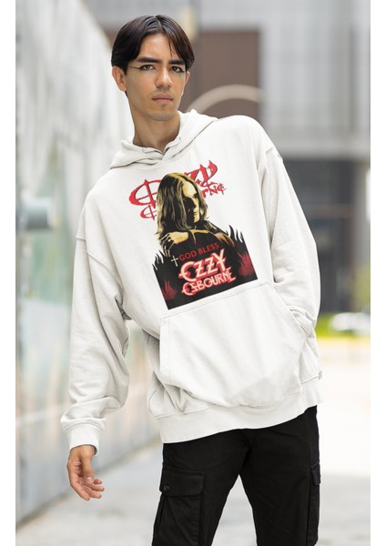 Unisex God Bless Ozzy Ozbourne Kapüşonlu Sweatshirt, Oversize Black Sabbath Rocker Baskılı Hoodie
