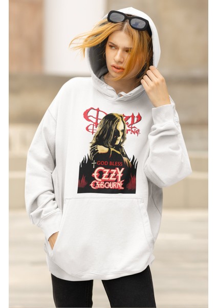 Unisex God Bless Ozzy Ozbourne Kapüşonlu Sweatshirt, Oversize Black Sabbath Rocker Baskılı Hoodie
