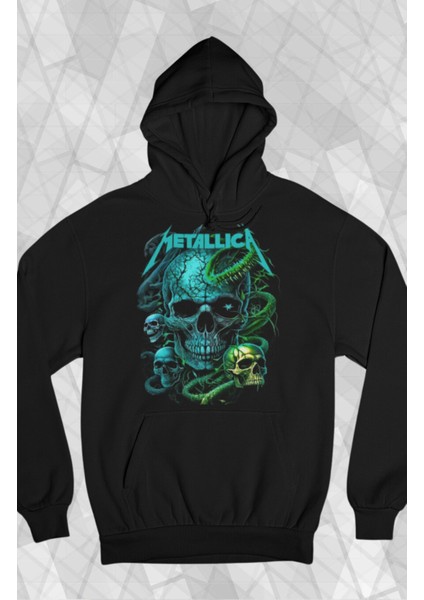 Unisex Skull Metallica Yazılı Kapüşonlu Sweatshirt, Oversize Rock Metal Muzik Baskılı Hoodie