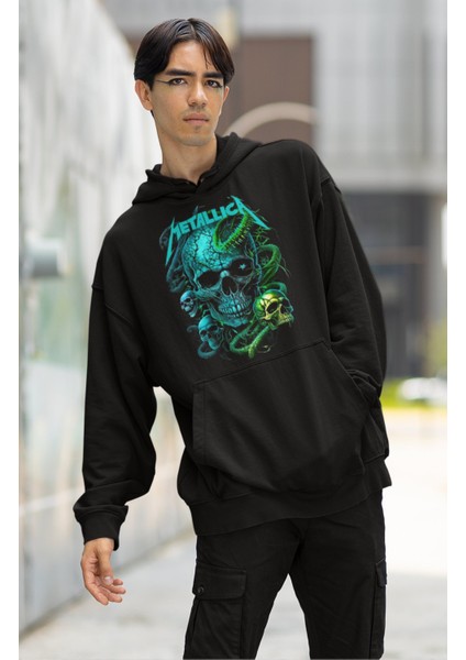 Unisex Skull Metallica Yazılı Kapüşonlu Sweatshirt, Oversize Rock Metal Muzik Baskılı Hoodie fiyatları