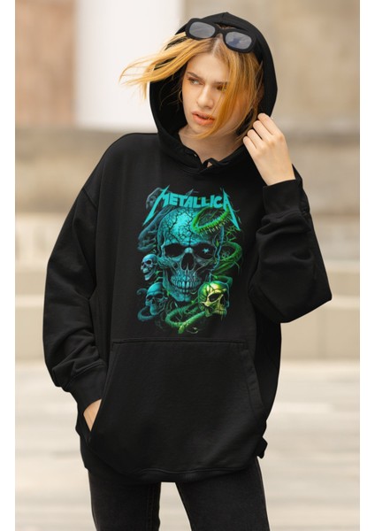 Unisex Skull Metallica Yazılı Kapüşonlu Sweatshirt, Oversize Rock Metal Muzik Baskılı Hoodie modelleri