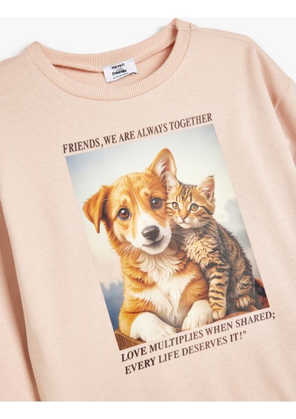 Sweatshirt Bisiklet Yaka Köpek Baskılı Uzun Kollu Pamuklu