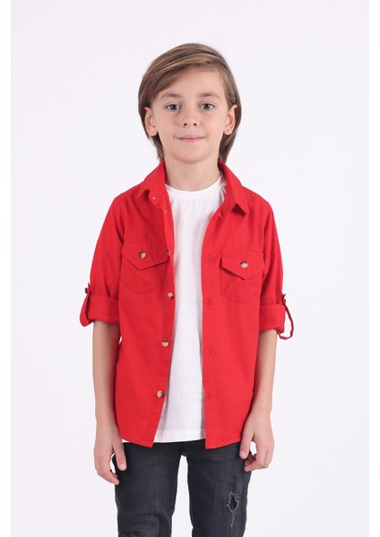 Erkek Çocuk 2 Cepli Pamuklu Gömlek Tişört Takımı Ekonomik ve Pratik 2'li Kırmızı