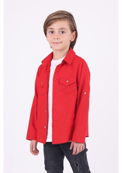 Erkek Çocuk 2 Cepli Pamuklu Gömlek Tişört Takımı Ekonomik ve Pratik 2'li Kırmızı fiyatları