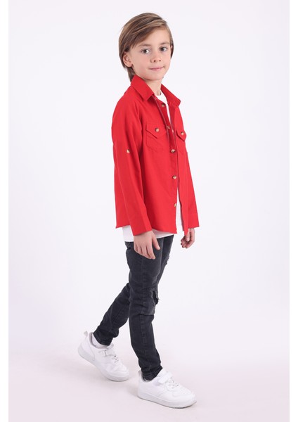 Erkek Çocuk 2 Cepli Pamuklu Gömlek Tişört Takımı Ekonomik ve Pratik 2'li Kırmızı fırsatları