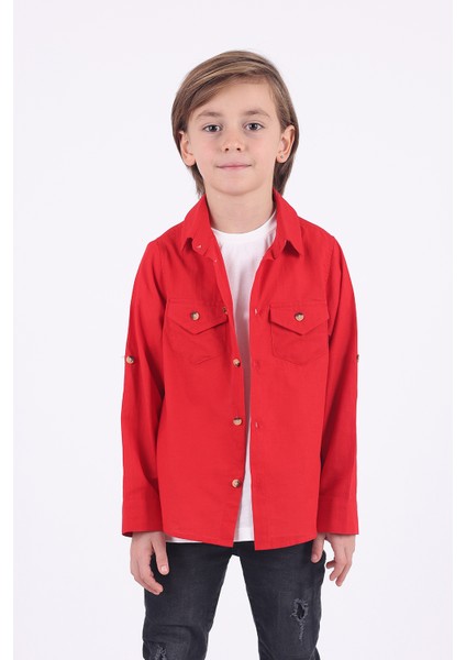 Erkek Çocuk 2 Cepli Pamuklu Gömlek Tişört Takımı Ekonomik ve Pratik 2'li Kırmızı indirimleri