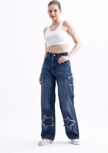 2424 Kadın Yıldız Detaylı Baggy Jeans Kot Denim Pantolon