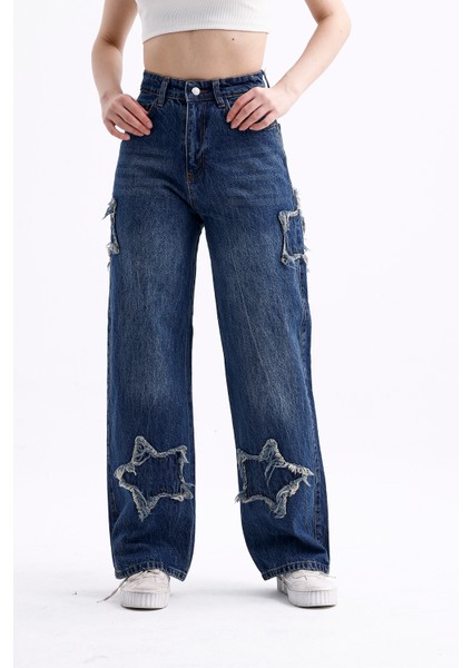 2424 Kadın Yıldız Detaylı Baggy Jeans Kot Denim Pantolon