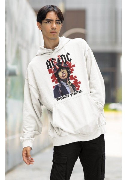 Unisex Ac-Dc Angus Young Yazılı Kapüşonlu Sweatshirt, Oversize Rock Band Baskılı Hoodie