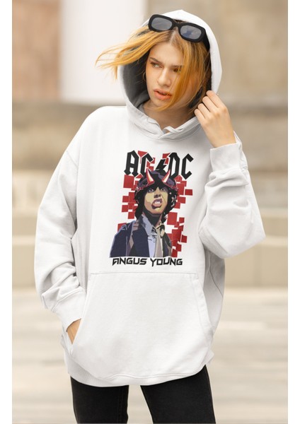 Unisex Ac-Dc Angus Young Yazılı Kapüşonlu Sweatshirt, Oversize Rock Band Baskılı Hoodie