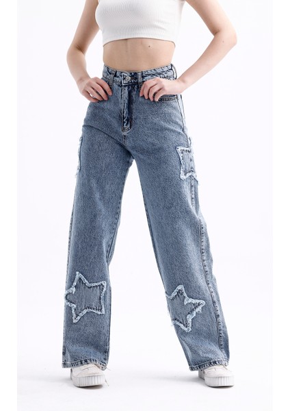 2424 Kadın Yıldız Detaylı Baggy Jeans Kot Denim Pantolon fırsatları