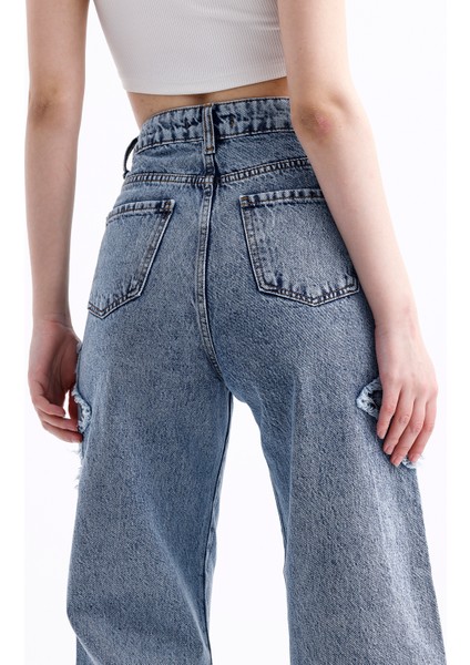 2424 Kadın Yıldız Detaylı Baggy Jeans Kot Denim Pantolon