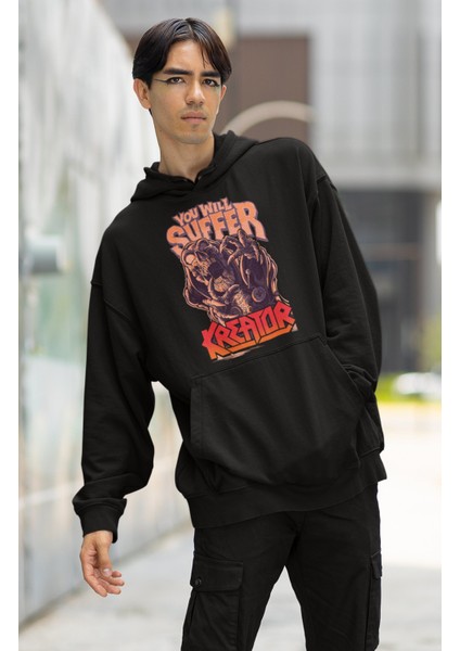 Unisex You Will Suffer Baskılı Kapüşonlu Sweatshirt, Oversize Rock Band Kreator Baskılı Hoodie