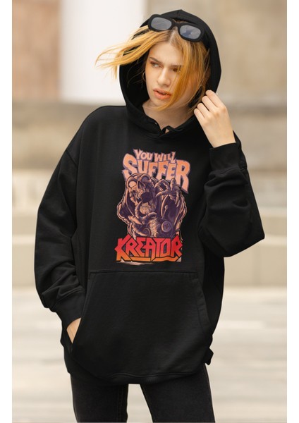 Unisex You Will Suffer Baskılı Kapüşonlu Sweatshirt, Oversize Rock Band Kreator Baskılı Hoodie