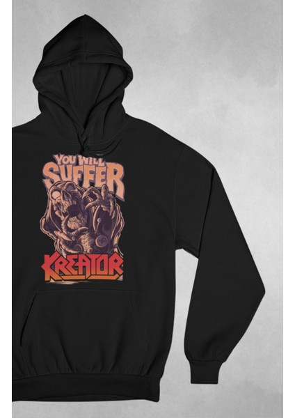 Unisex You Will Suffer Baskılı Kapüşonlu Sweatshirt, Oversize Rock Band Kreator Baskılı Hoodie
