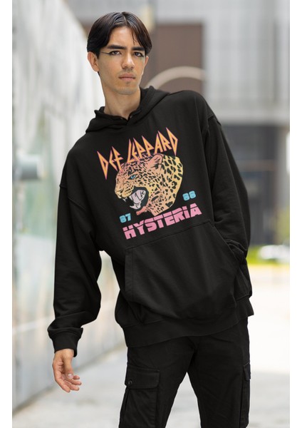 Unisex Def Leppard Baskılı Kapüşonlu Sweatshirt, Oversize Rock Band Baskılı Hoodie