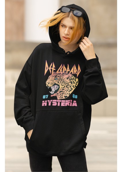 Unisex Def Leppard Baskılı Kapüşonlu Sweatshirt, Oversize Rock Band Baskılı Hoodie