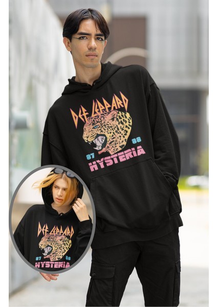 Unisex Def Leppard Baskılı Kapüşonlu Sweatshirt, Oversize Rock Band Baskılı Hoodie