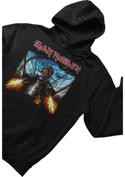 Unisex Iron Maiden Skull Baskılı Kapüşonlu Sweatshirt, Oversize Rock Band Baskılı Hoodie