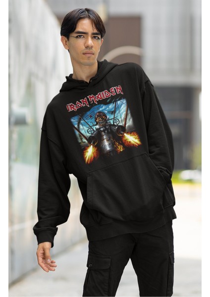 Unisex Iron Maiden Skull Baskılı Kapüşonlu Sweatshirt, Oversize Rock Band Baskılı Hoodie