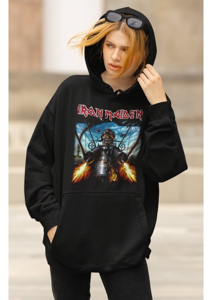 Unisex Iron Maiden Skull Baskılı Kapüşonlu Sweatshirt, Oversize Rock Band Baskılı Hoodie