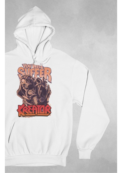 Unisex You Will Suffer Baskılı Kapüşonlu Sweatshirt, Oversize Rock Band Kreator Baskılı Hoodie