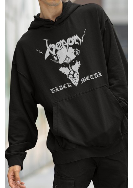 Unisex Rock Band Venom Baskılı Kapüşonlu Sweatshirt, Oversize Black Metal Müzik Baskılı Hoodie