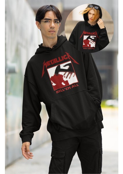 Unisex Metallica Kill'em All Baskılı Kapüşonlu Sweatshirt, Oversize Rock Band Baskılı Hoodie
