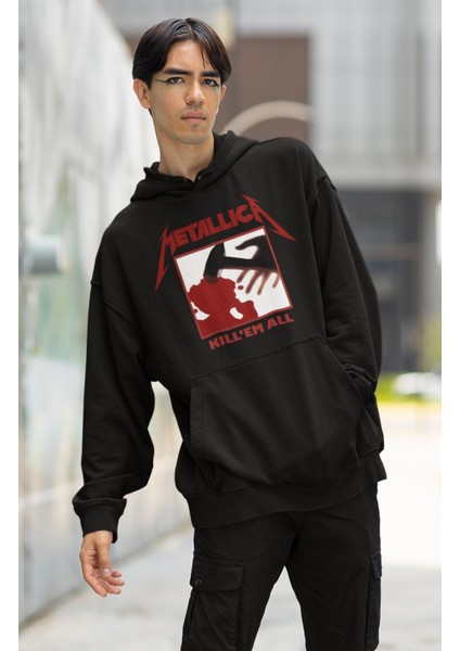 Unisex Metallica Kill'em All Baskılı Kapüşonlu Sweatshirt, Oversize Rock Band Baskılı Hoodie fiyatları