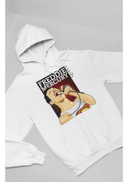Unisex Freddie Mercury Queen Baskılı Kapüşonlu Sweatshirt, Oversize Rock Metal Baskılı Hoodie