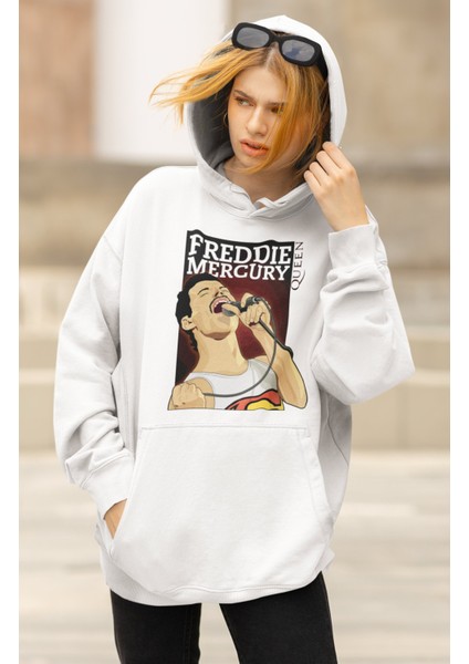 Unisex Freddie Mercury Queen Baskılı Kapüşonlu Sweatshirt, Oversize Rock Metal Baskılı Hoodie modelleri
