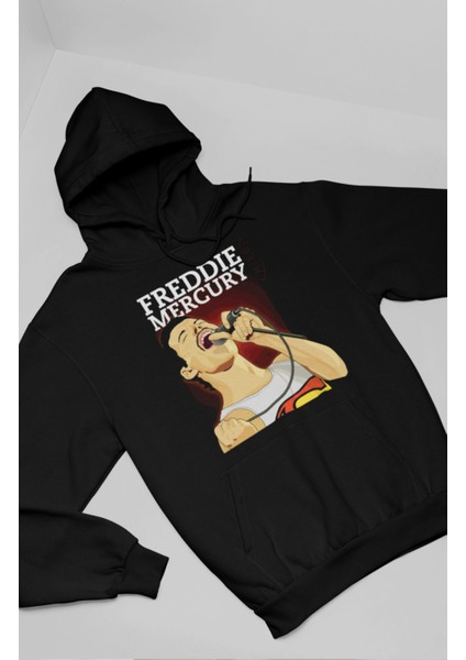 Unisex Freddie Mercury Queen Baskılı Kapüşonlu Sweatshirt, Oversize Rock Metal Baskılı Hoodie