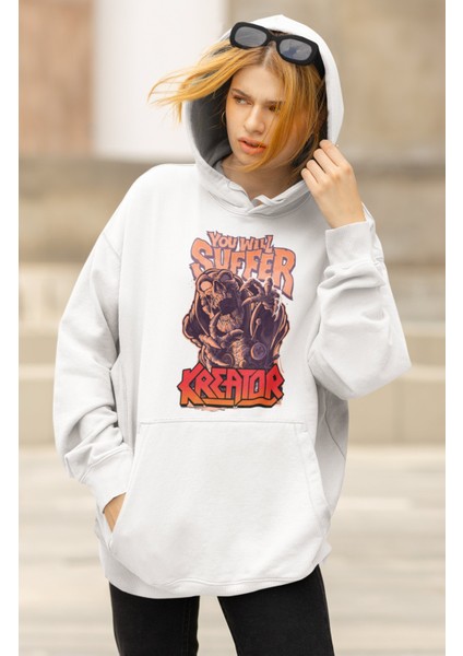 Unisex You Will Suffer Baskılı Kapüşonlu Sweatshirt, Oversize Rock Band Kreator Baskılı Hoodie