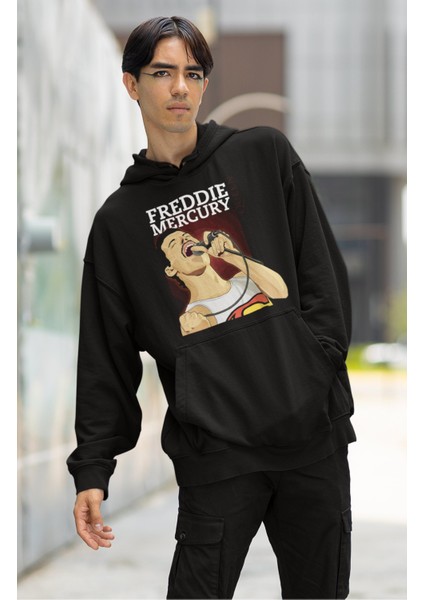 Unisex Freddie Mercury Queen Baskılı Kapüşonlu Sweatshirt, Oversize Rock Metal Baskılı Hoodie