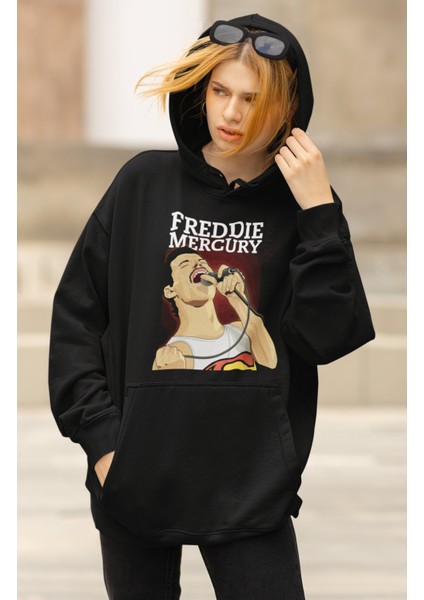 Unisex Freddie Mercury Queen Baskılı Kapüşonlu Sweatshirt, Oversize Rock Metal Baskılı Hoodie