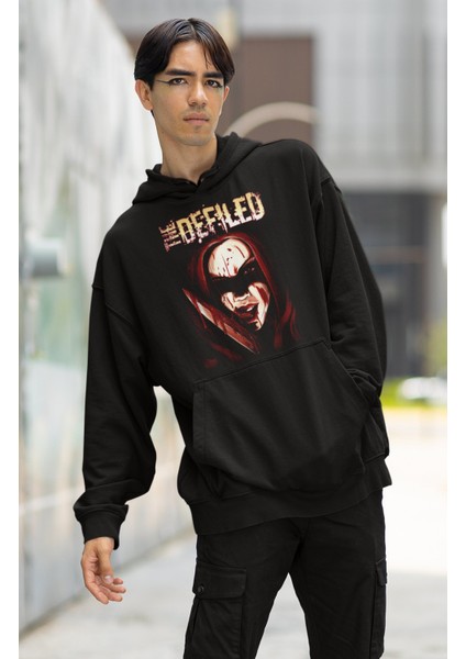 Unisex The Defiled Baskılı Kapüşonlu Sweatshirt, Oversize Rock Band Baskılı Hoodie