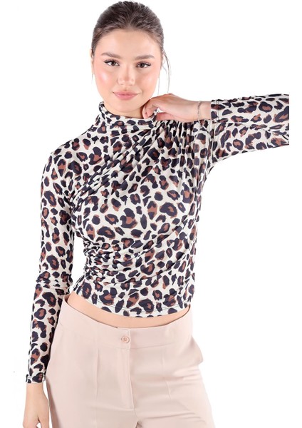358-1 Leopar Desen Bluz Bej