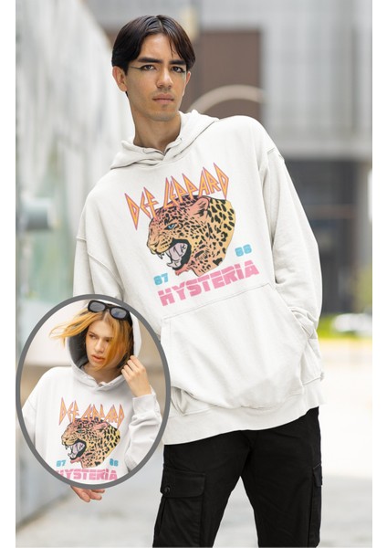 Unisex Def Leppard Baskılı Kapüşonlu Sweatshirt, Oversize Rock Band Baskılı Hoodie