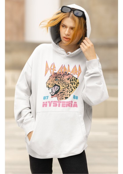 Unisex Def Leppard Baskılı Kapüşonlu Sweatshirt, Oversize Rock Band Baskılı Hoodie